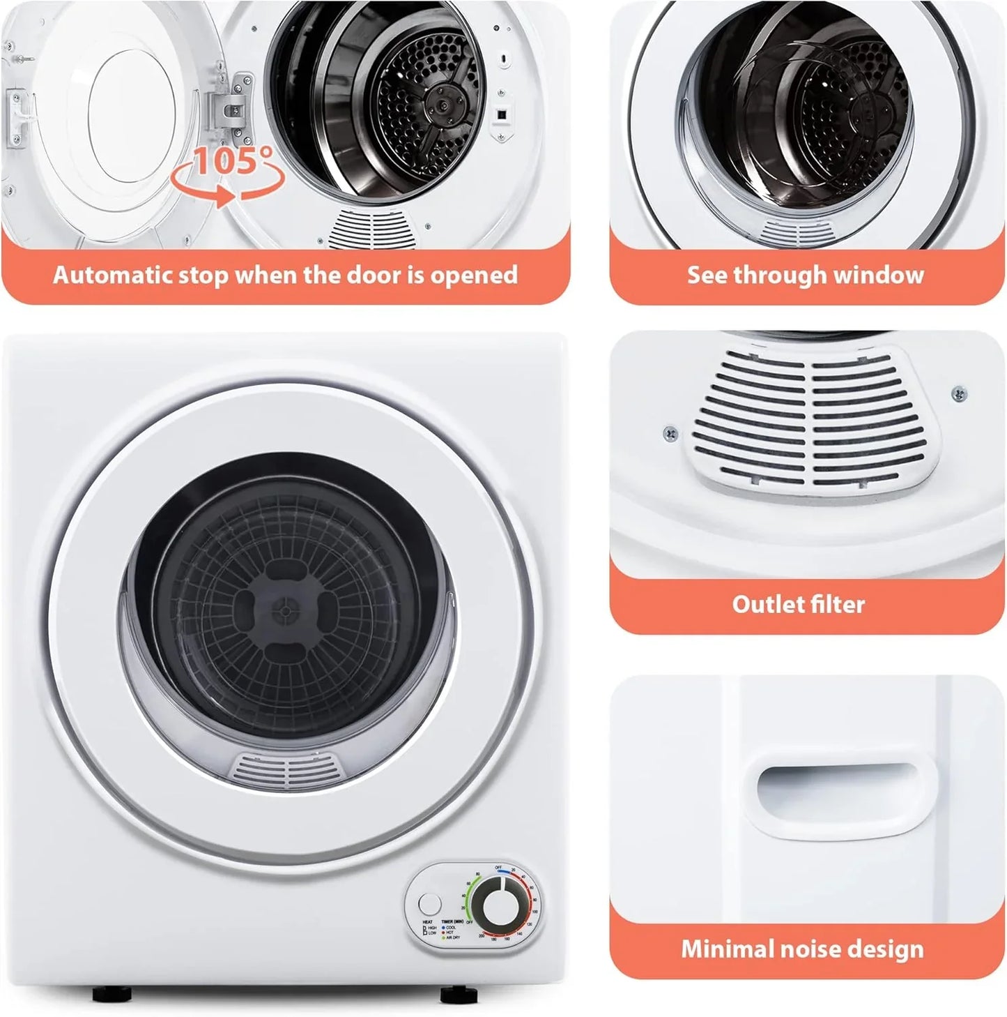 Compact Laundry Dryer, 3.5 cu ft Front Load Stainless Steel Clothes Dryers With Exhaust Pipe, 1500W, LCD Control Panel Four-Function Portable Dryer For Apartments, Home, Dorm, White