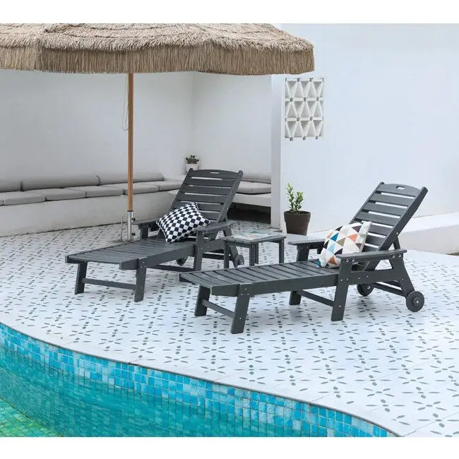 3-Piece Patio Set  2 Oversized Chaise Lounges (5-Position, Wheels, Cup Holder) + Side Table, All-Weather Wood Texture.