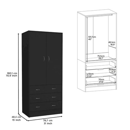 19 Modern Double-door Armoire with 3 Drawers and 1 Hanging Rod for Bedroom
