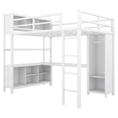 Off-White Metal Loft Bed with Desk and Wardrobe - Full Size