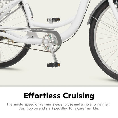 2025 Schwinn Meridian Adult Tricycle Bike Mens and Womens Three Wheel Beach Cruiser 26-inch Wheels Low Step-Through Frame Wide Seat Rear Folding Basket Sin