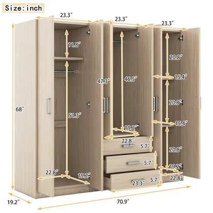 6-Doors Wooden Wardrobe Storage with 3 Big Drawers for Bedroom