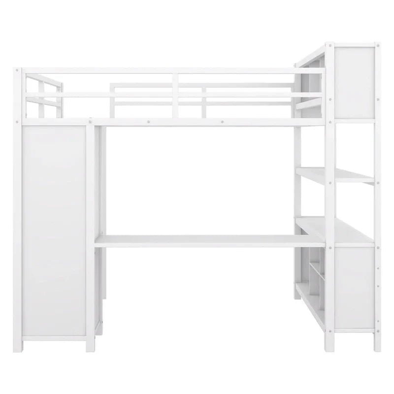 Off-White Metal Loft Bed with Desk and Wardrobe - Full Size