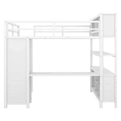 Off-White Metal Loft Bed with Desk and Wardrobe - Full Size