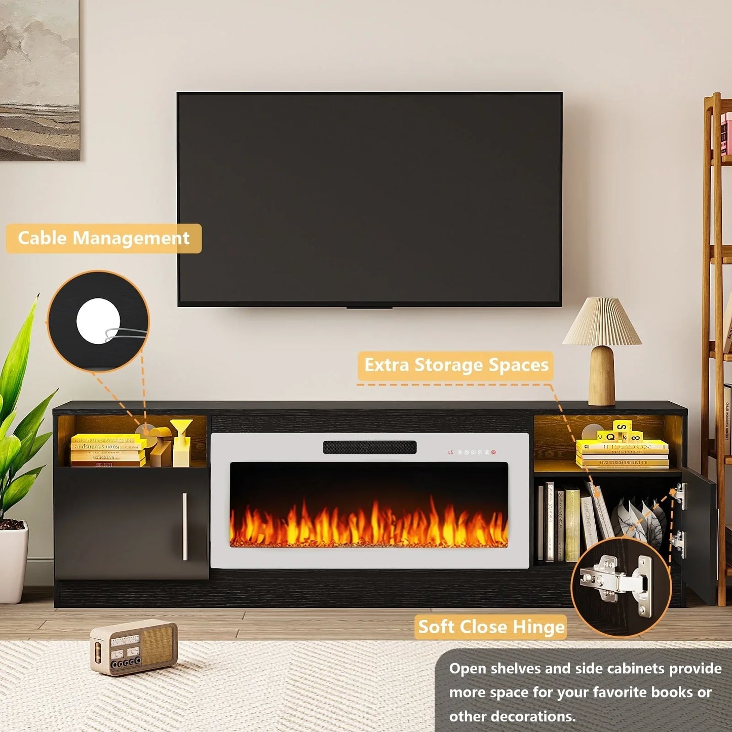 Bossin 70 Fireplace TV Stand with 36 Electric Fireplace, TV Stand for TVs Up to 80, 16 Colors LED Lights/Entertainment Center
