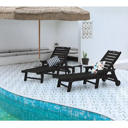 3-Piece Patio Set  2 Oversized Chaise Lounges (5-Position, Wheels, Cup Holder) + Side Table, All-Weather Wood Texture.