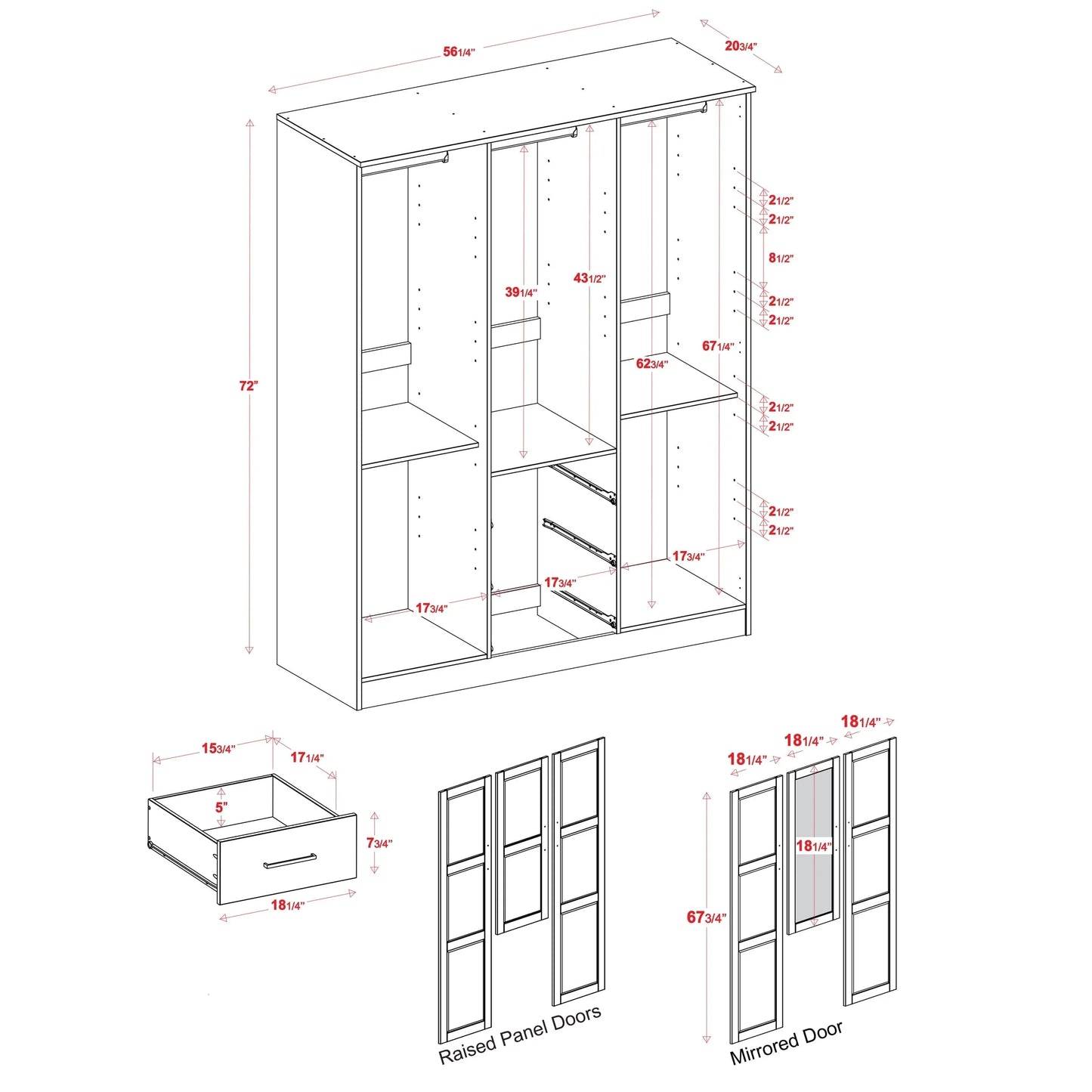 Palace Imports 100% Solid Wood Cosmo 3-Door Wardrobe Armoire with Solid Wood or Mirrored Doors