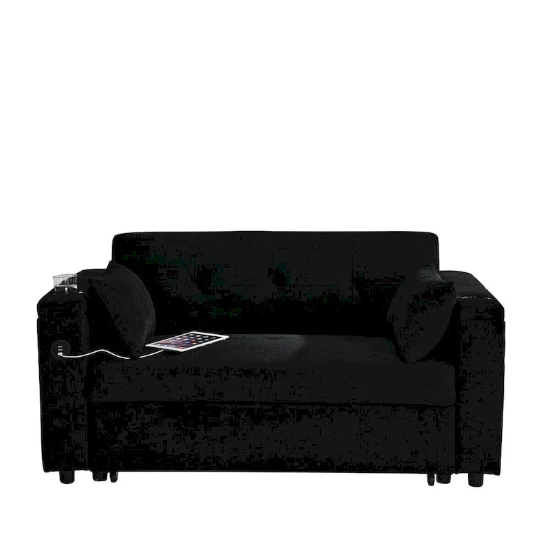 54 Pull-Out Sleeper Sofa Bed, 2 Seat Recliner Sofa Bed with Storage, Lumbar Pillow, USB Power Outlet