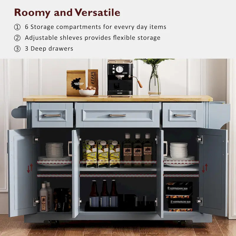 54 Large Kitchen Island with Rubber Wood Drop Leaf, Embossed Texture Rolling Kitchen Cart on 4 Wheels with 4 Doors & 3 Drawers