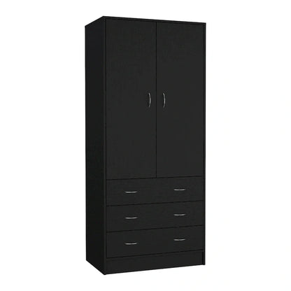 19 Modern Double-door Armoire with 3 Drawers and 1 Hanging Rod for Bedroom