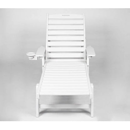 3-Piece Patio Set  2 Oversized Chaise Lounges (5-Position, Wheels, Cup Holder) + Side Table, All-Weather Wood Texture.