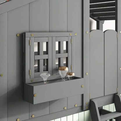 Twin over Twin House Bunk Bed with Roof , Window, Window Box, Door , with Safety Guardrails and Ladder, Grey
