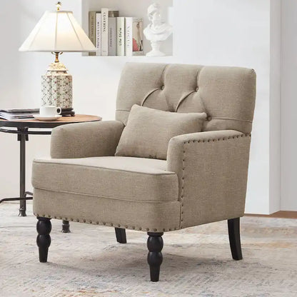 Set of 2 Arm Chair Upholstered Button Tufted Accent Chair with Lumbar Pillow Beige/ Grey/ Light Blue