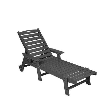 3-Piece Patio Set  2 Oversized Chaise Lounges (5-Position, Wheels, Cup Holder) + Side Table, All-Weather Wood Texture.