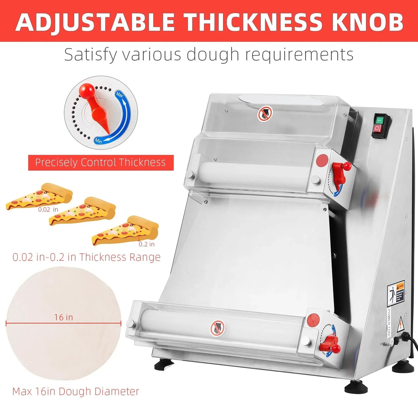 Commercial Pizza Dough Roller Sheeter, Max 16", Automatic 370W Electric Pizza Dough Roller, Stainless Steel, Suitable for Noodle, Pizza Bread and Pasta Maker Equipment