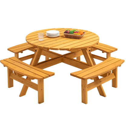 8-Person Outdoor Patio Fir Wood Round Picnic Dining Set with 4 Built-in Benches and Umbrella Hole