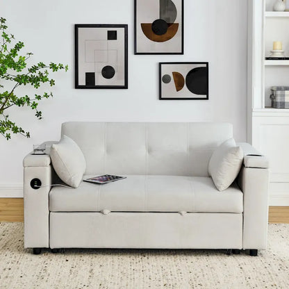 54 Pull-Out Sleeper Sofa Bed, 2 Seat Recliner Sofa Bed with Storage, Lumbar Pillow, USB Power Outlet