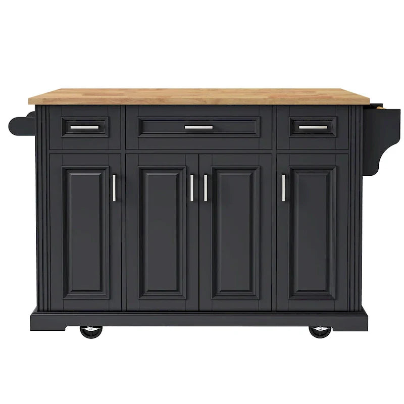 54 Large Kitchen Island with Rubber Wood Drop Leaf, Embossed Texture Rolling Kitchen Cart on 4 Wheels with 4 Doors & 3 Drawers