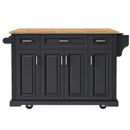 54 Large Kitchen Island with Rubber Wood Drop Leaf, Embossed Texture Rolling Kitchen Cart on 4 Wheels with 4 Doors & 3 Drawers