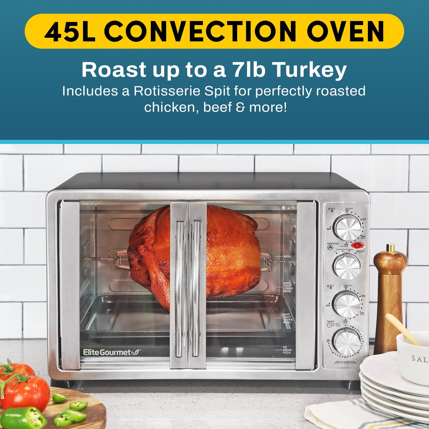 Elite Gourmet 47.5Qt, 18-Slice Convection Oven 4-Control Knobs