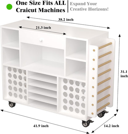 2025 Craft organization and storage Cart Compatible with Cricut Machine, Rolling Craft Organizer With large drawer & 48 Vinyl Roll Holder, Crafting Cabinet Table Workstation for Craft Room Home