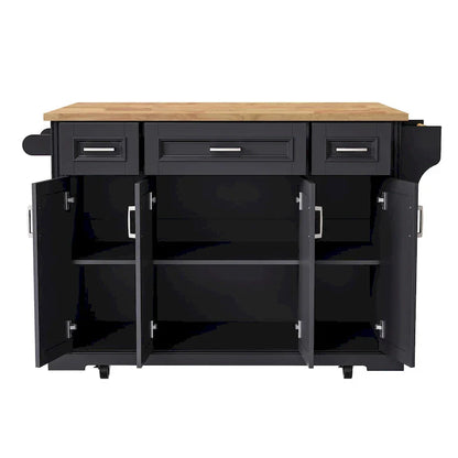 54 Large Kitchen Island with Rubber Wood Drop Leaf, Embossed Texture Rolling Kitchen Cart on 4 Wheels with 4 Doors & 3 Drawers