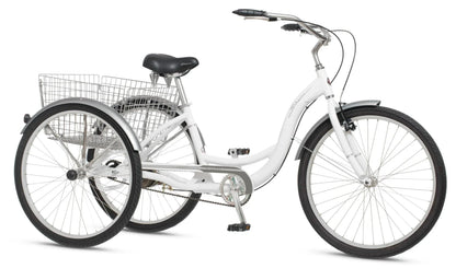 2025 Schwinn Meridian Adult Tricycle Bike Mens and Womens Three Wheel Beach Cruiser 26-inch Wheels Low Step-Through Frame Wide Seat Rear Folding Basket Sin