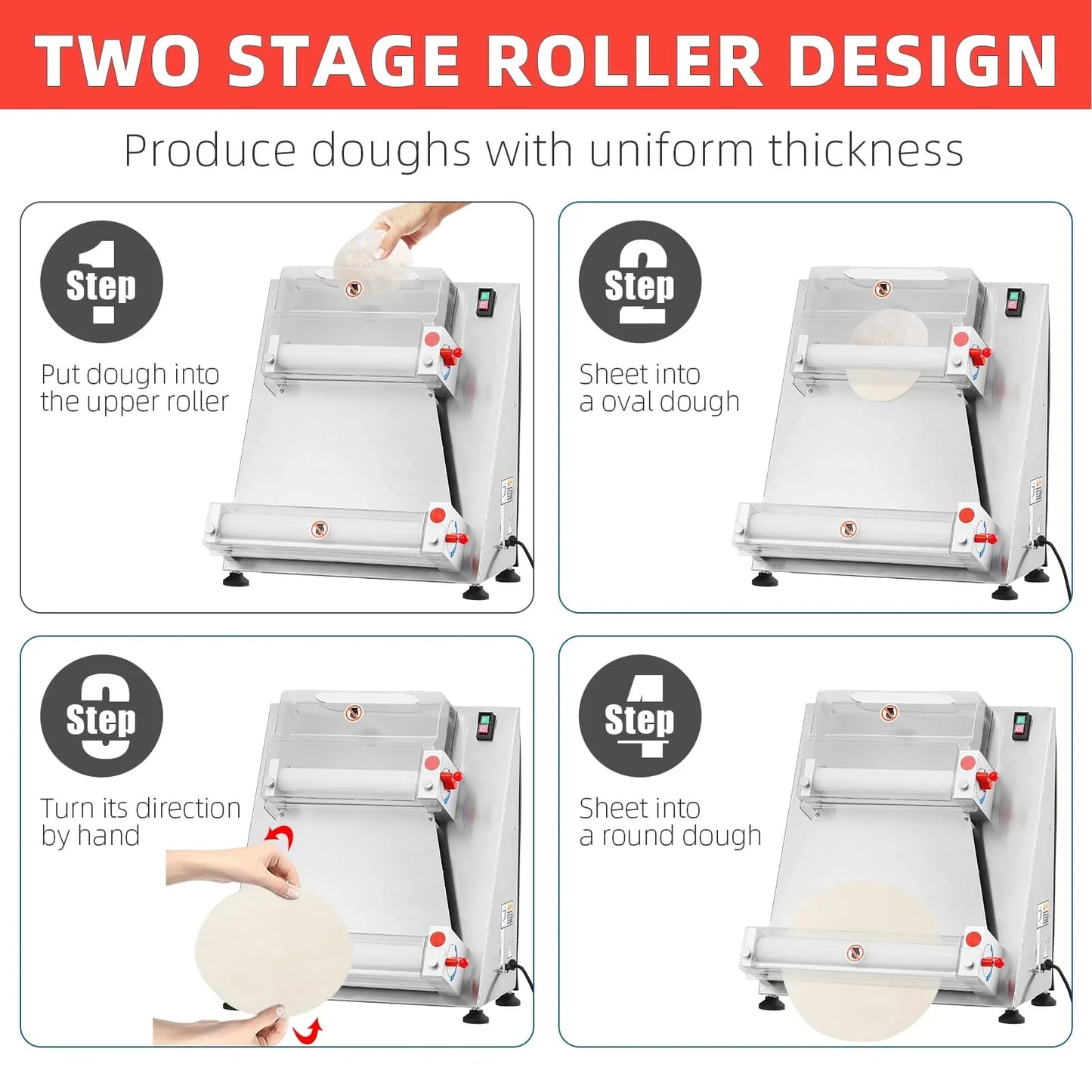 Commercial Pizza Dough Roller Sheeter, Max 16", Automatic 370W Electric Pizza Dough Roller, Stainless Steel, Suitable for Noodle, Pizza Bread and Pasta Maker Equipment