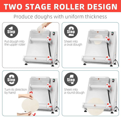 Commercial Pizza Dough Roller Sheeter, Max 16", Automatic 370W Electric Pizza Dough Roller, Stainless Steel, Suitable for Noodle, Pizza Bread and Pasta Maker Equipment
