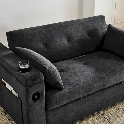 54 Pull-Out Sleeper Sofa Bed, 2 Seat Recliner Sofa Bed with Storage, Lumbar Pillow, USB Power Outlet