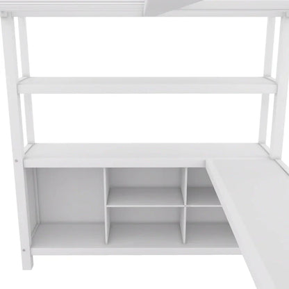 Off-White Metal Loft Bed with Desk and Wardrobe - Full Size