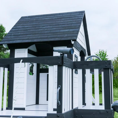 Canyon Creek Cedar Wood Swing Set with Wave Slide, Clubhouse, Play Kitchen, Picnic Area, Belt Swings, Web Swing, Rock Wall, Balconies, Playhouse, Step Ladder, Outdoor Playset