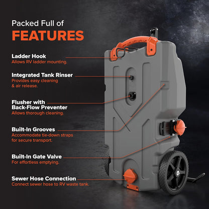 36-Gallon Portable Camper / RV Tote Tank - Features Large Heavy-Duty No-Flat Wheels & Built-In Gate Valve - Removable Steel Tow Adapter, 3 ?RV Sewer Hose & More RV Accessories (39006)