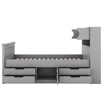 Twin/Full Size Captain Platform Bed with 4 Drawers and Storage Shelves, Solid Wood Bed Frame with Storage Bookcase Headboard