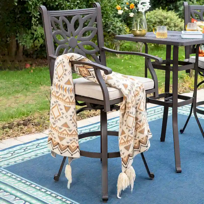 MAISON ARTS 3-Piece Cast Aluminum Patio Bar Stool Set of 1 Bar Table & 2 Swivel High Bar Stools
