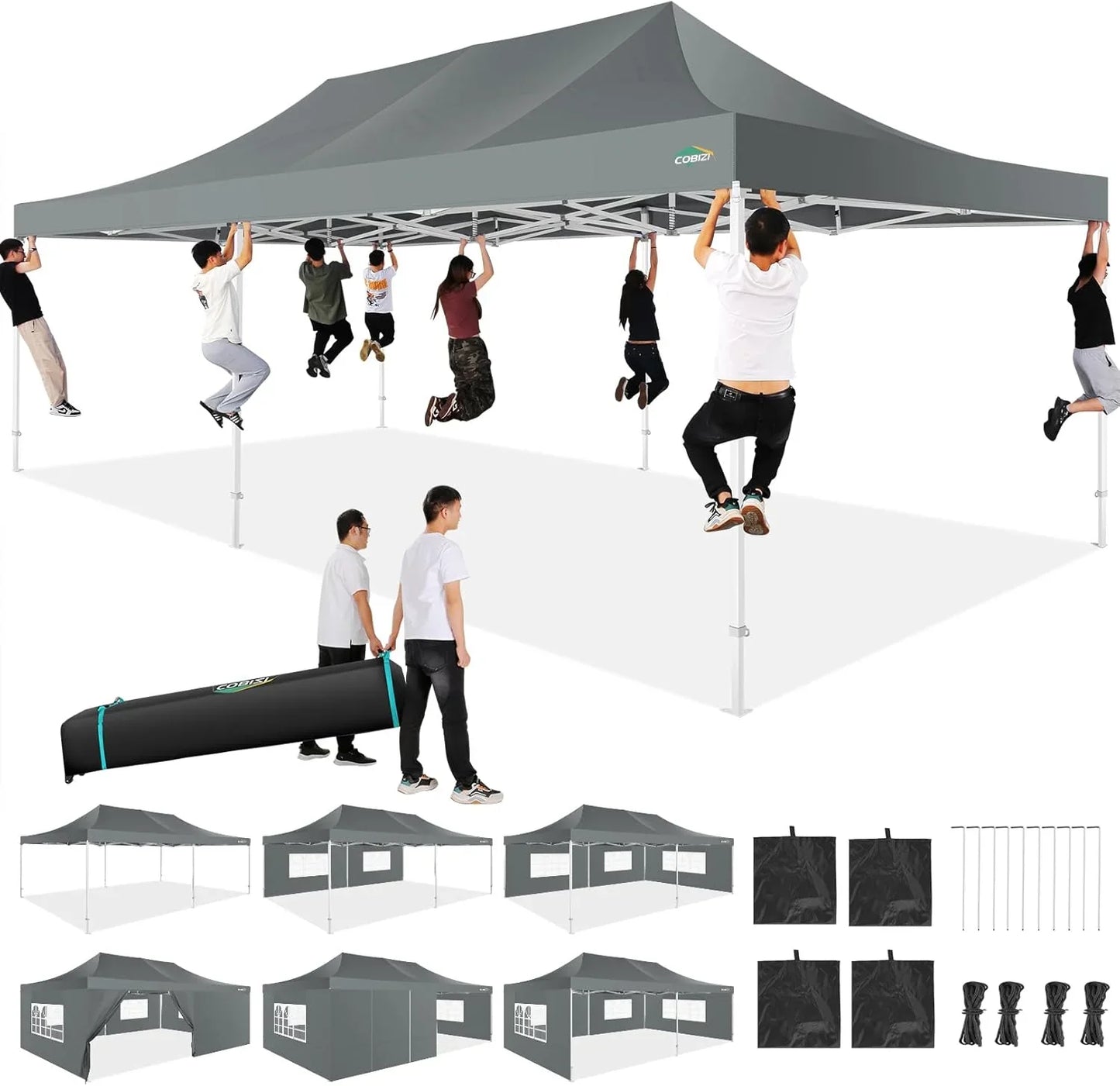 COBIZI 10x20 Heavy Duty Pop up Canopy Tent with 6 sidewalls Easy Up Commercial Outdoor Canopy Wedding Party Tents for Parties All Season Wind & Waterproof Gazebo with Roller Bag,Black(Frame Thickened)