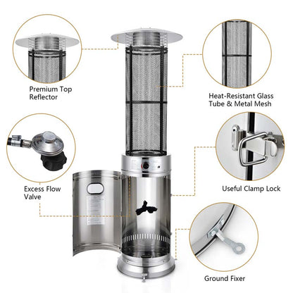 41000 BTU Standing Propane Patio Heater with Wheels, Stainless Steel Round Glass Tube Gas Outdoor Heater