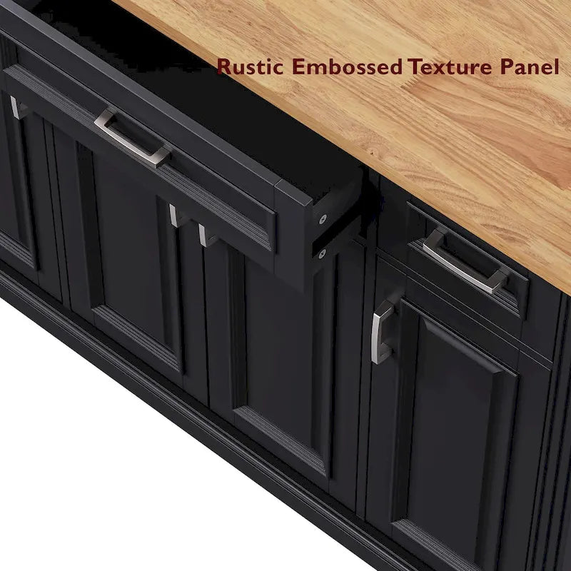 54 Large Kitchen Island with Rubber Wood Drop Leaf, Embossed Texture Rolling Kitchen Cart on 4 Wheels with 4 Doors & 3 Drawers