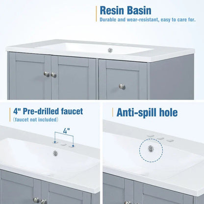 36 Inch Bathroom Vanity with USB Charging, Resin Sink, Solid Wood Frame, 3 Drawers Storage