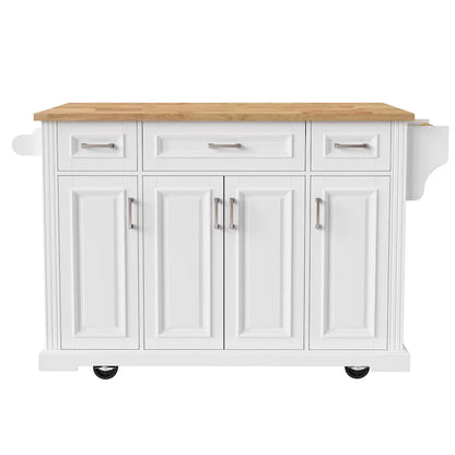 Large Kitchen Island with Wood Drop Leaf, Embossed Texture Rolling Kitchen Cart wDoors and Drawers wStorage for Kitchen, White