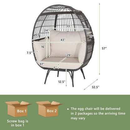 Oversized Wicker Egg Chair with 4 Cushions, Steel Frame Basket Chair Indoor Outdoor Patio Lounge Chair