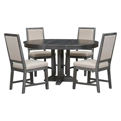 5-Piece Dining Set Extendable Round Table and 4 Upholstered Chairs Farmhouse Dining Set for Kitchen, Dining Room