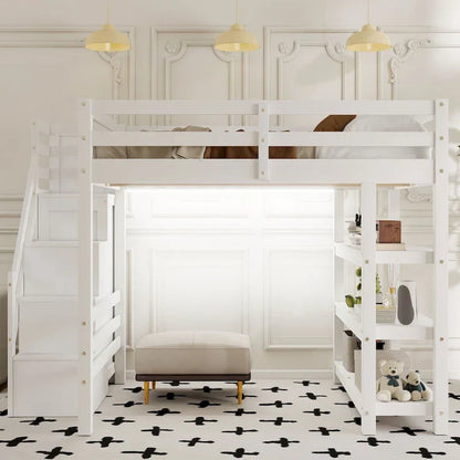 Full/Twin Loft Bed with Storage Stairs - Shelves, Wardrobe & LED Light, Space-Saving Design