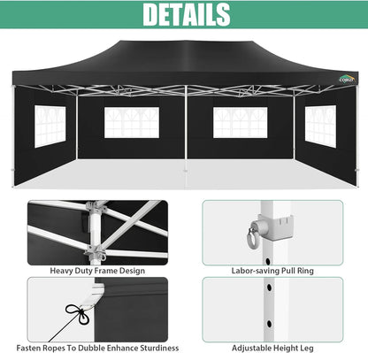 COBIZI 10x20 Heavy Duty Pop up Canopy Tent with 6 sidewalls Easy Up Commercial Outdoor Canopy Wedding Party Tents for Parties All Season Wind & Waterproof Gazebo with Roller Bag,Black(Frame Thickened)