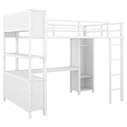 Off-White Metal Loft Bed with Desk and Wardrobe - Full Size