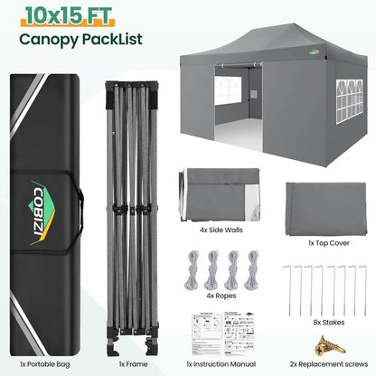 COBIZI 10x20 Heavy Duty Pop up Canopy Tent with 6 sidewalls Easy Up Commercial Outdoor Canopy Wedding Party Tents for Parties All Season Wind & Waterproof Gazebo with Roller Bag,Black(Frame Thickened)