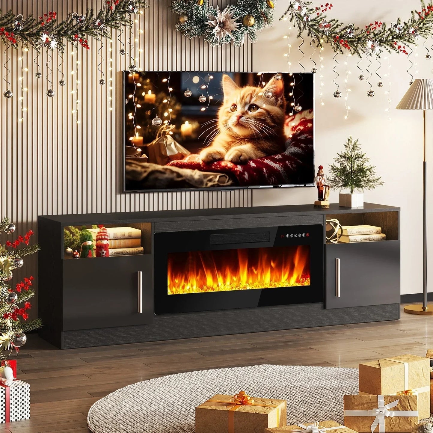 Bossin 70 Fireplace TV Stand with 36 Electric Fireplace, TV Stand for TVs Up to 80, 16 Colors LED Lights/Entertainment Center