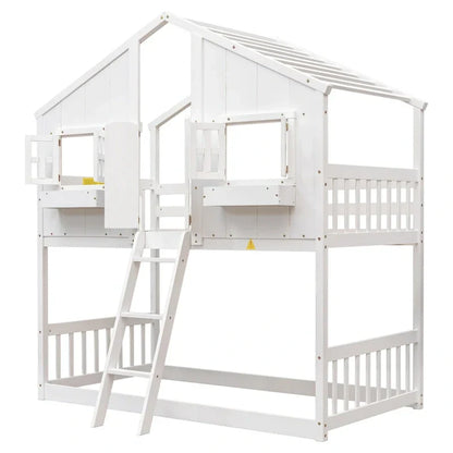 Twin over Twin House Bunk Bed with Roof , Window, Window Box, Door , with Safety Guardrails and Ladder, Grey