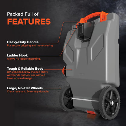 36-Gallon Portable Camper / RV Tote Tank - Features Large Heavy-Duty No-Flat Wheels & Built-In Gate Valve - Removable Steel Tow Adapter, 3 ?RV Sewer Hose & More RV Accessories (39006)