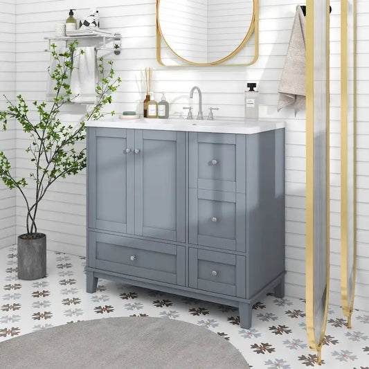 36 Inch Bathroom Vanity with USB Charging, Resin Sink, Solid Wood Frame, 3 Drawers Storage